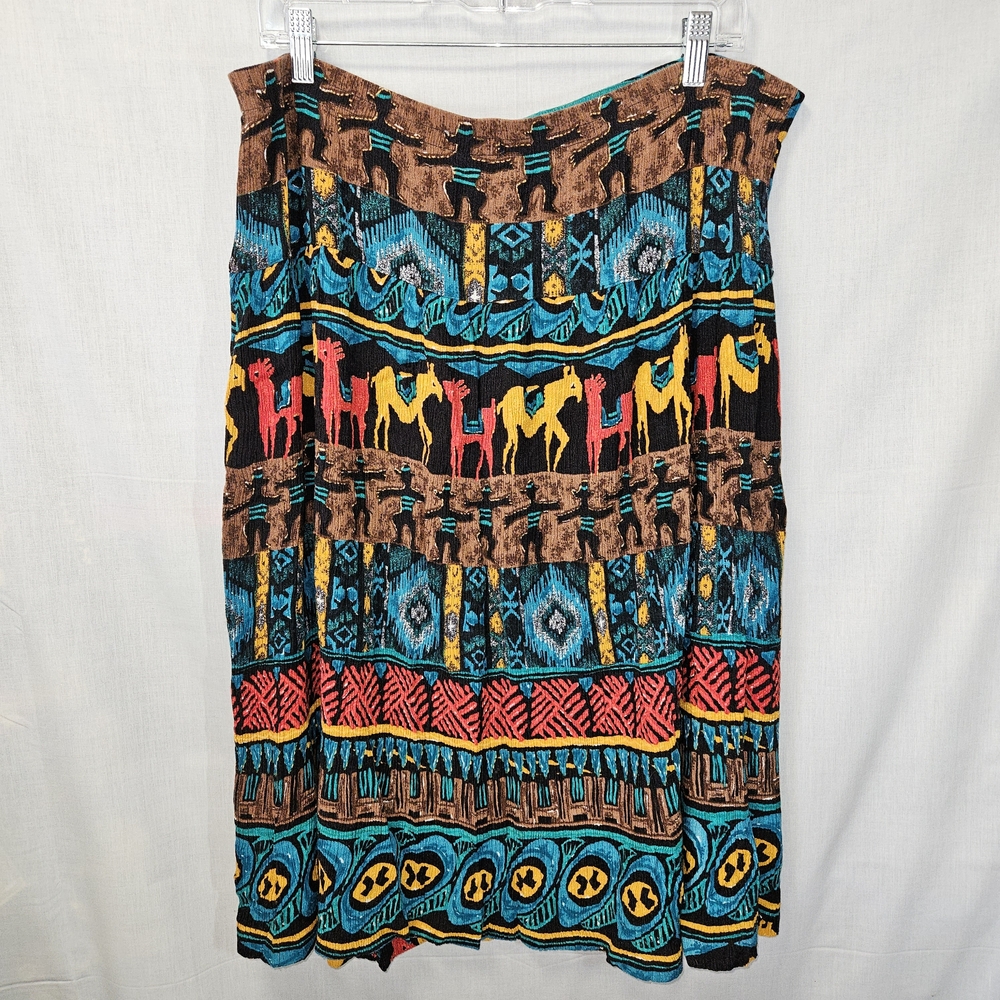 Vintage 90's Sharon Anthony Colorful Patterned Crinkled Midi Skirt - Turquoise